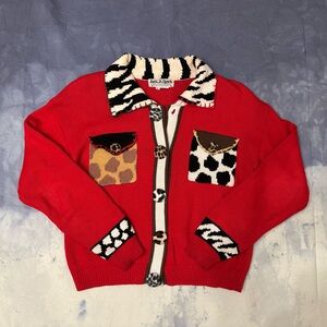 VTG  90's Jack B. Quick Women's Knit Cardigan L Red Animal Print Buttons Unique